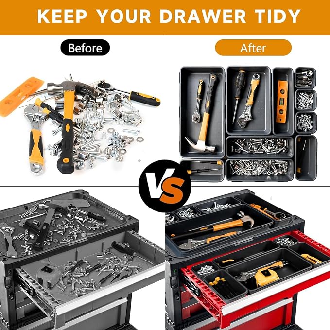 Tool Box Organizer Tray, 24 PCS & 5 Sizes, Black | Premium ABS Plastic, Interlocking Modular Design, Versatile Used Organizer for Storing Tools Wrench Screwdrivers Hammer Nails