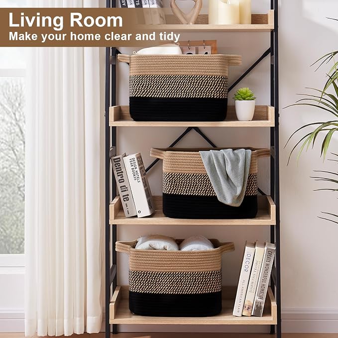OIASKET Storage Basket for Organizing, Woven Baskets for Storage, Rectangle Decorative Baskets for Shleves, Closet, Toys, Books, Nursery Organizer Bins - Pack of 3 (Black & Brown, 13"x9.85"x8.7")