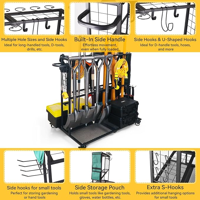 Garden Tool Organizer - Heavy Duty Garage Storage and Organization with Wheels - Large Garden Tool Storage Holder for Lawn Yard Patio Shed,Garage Shovel Rack