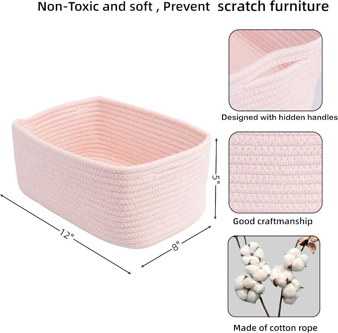 XUANGUO Small Woven Storage Baskets for Shelves, 13" x 9" x 5", Pink | Decorative rope storage bins for closets and toy storage; cute organizer baskets, empty gift baskets and nursery storage.