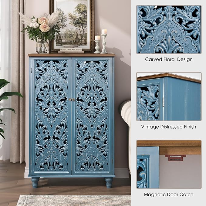 JOINICE 47" Tall Accent Cabinet with Carved Doors & Storage for Living Room | Vertical Storage for Dining Room,Bedroom, Carved Floral Design, Walnut Finish Top, Farmhouse/Rustic Style, Adjustable Shelves