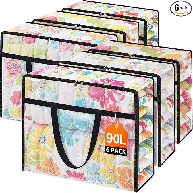 6 Packs 90L Clear Under Bed Storage Containers, Large Clothes Storage Bags | Heavy Duty Large Capacity Foldable Moving Bags with Sturdy Handles, Clothing Organizer Totes for Bedding Comforter Sheet