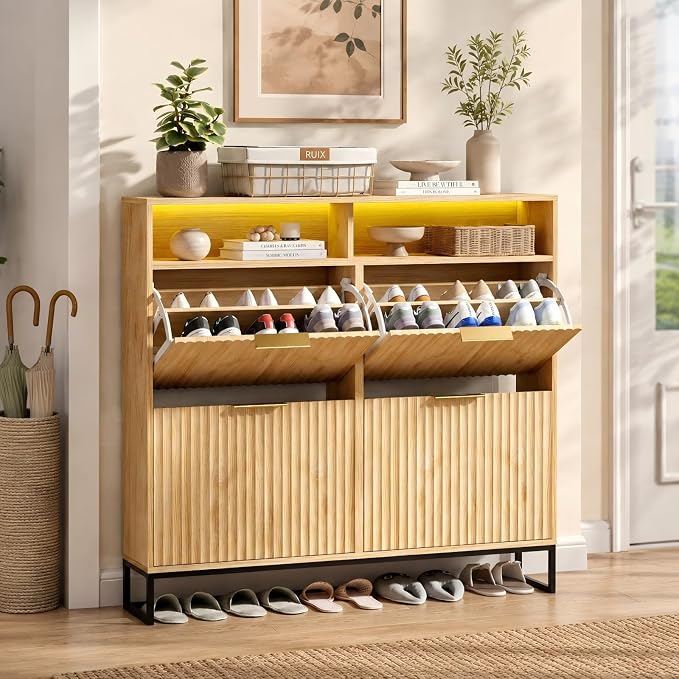 VINGLI Fluted Shoe Cabinet for Entryway, Narrow Hidden Shoe Storage Organizer with 4 Flip Drawers & 16-Color LED Lights, Mid Century Modern Slim Freestanding Shoe Rack with Cubby, Natural Oak