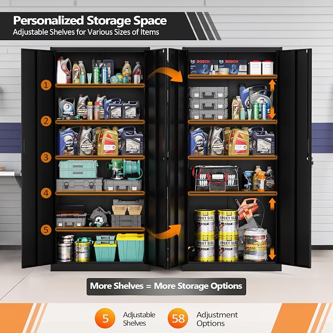 VINGLI Metal Garage Storage Cabinet with 2 Doors and 5 Adjustable Shelves, 71" Tall Steel Lockable File Cabinet, Locking Tool Cabinets for Home Office Garage Gym School (Black)
