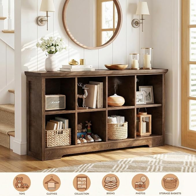 Aheaplus Wooden 8-Cube Storage Organizer with Charging Ports, Modern Cube Bookcase with Base, 3-Tier Floor Standing Open Cubbies Bookshelf, Cubicle Display Shelf for Home and Office, Cracked Oak