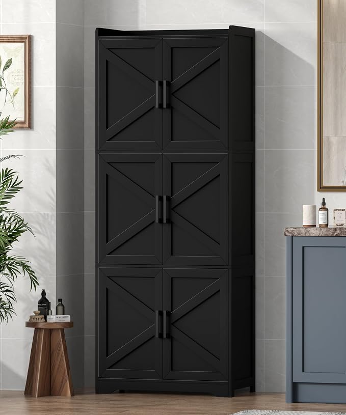 Akxomel Tall Bathroom Floor Cabinet with 6 Barn Door 60.2''H Pantry Black | 11.6''D x 22.6''W Linen Storage Cabinet with Adjustable Shelves, for Kitchen, Living Room, Entryway