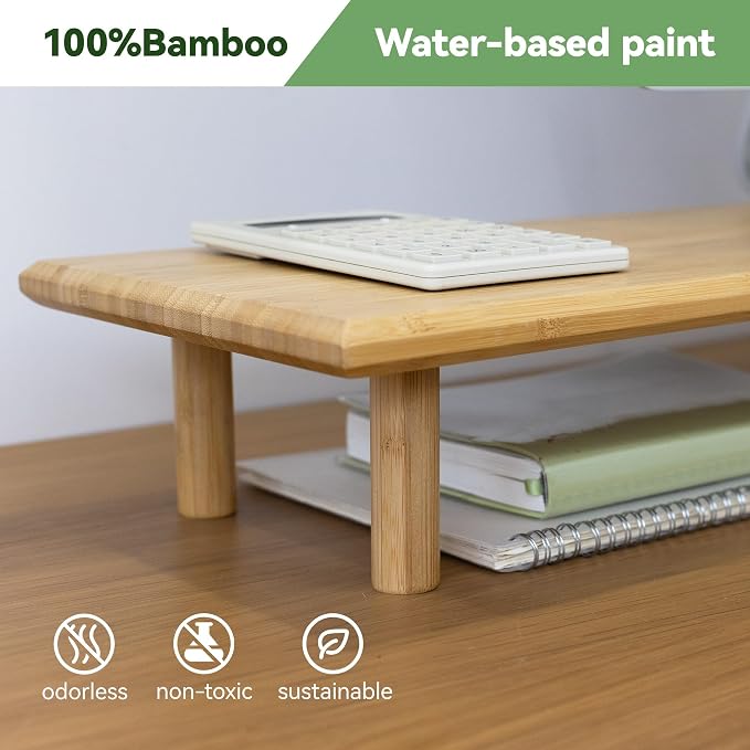 Bamboo Dual Monitor Stand Riser, Natural Desk Shelf with Storage | 39.37-Inch Wide, 3.5-Inch Clearance, Fits Keyboards, Soundbars and Two 24-Inch Monitors for Home Office