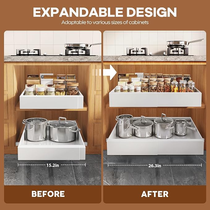 Seinloes 2 Pack Expandable Pull Out Cabinet Organizer 21"Deep With Raising Pad for Framed Cabinets,Upgrade 3 Slide Rails Slide Out Drawers,Roll Out Shelves Adhesive,Adjustable Width 15.15"-26.3" White