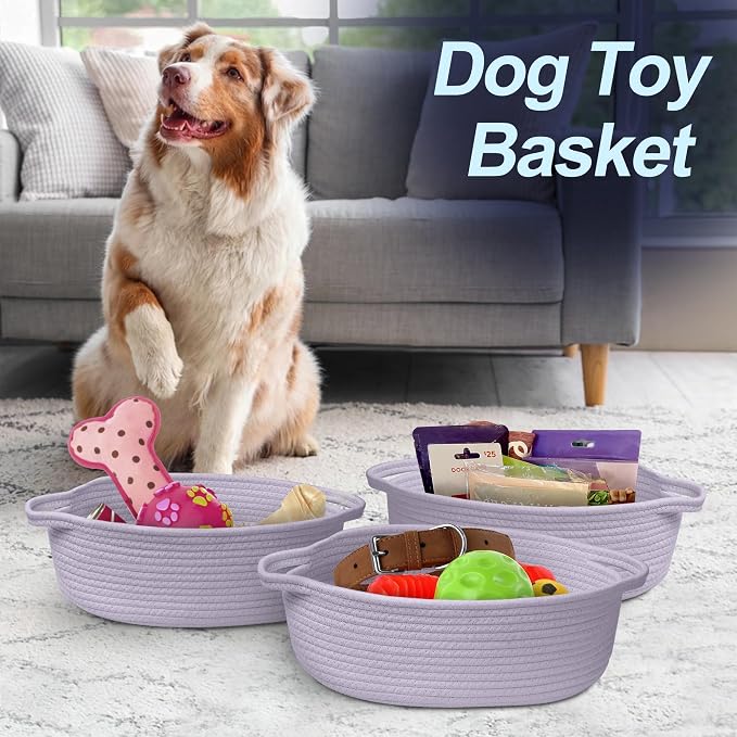 MEGASKET Purple Small Woven Basket, 13” x 9” x 5” Baskets for Gifts Empty, Cotton Rope Gift Basket, Cute Nursery Baby Organizer, Cat Dog Toy Box, Oval Wicker Storage Bin with Handle