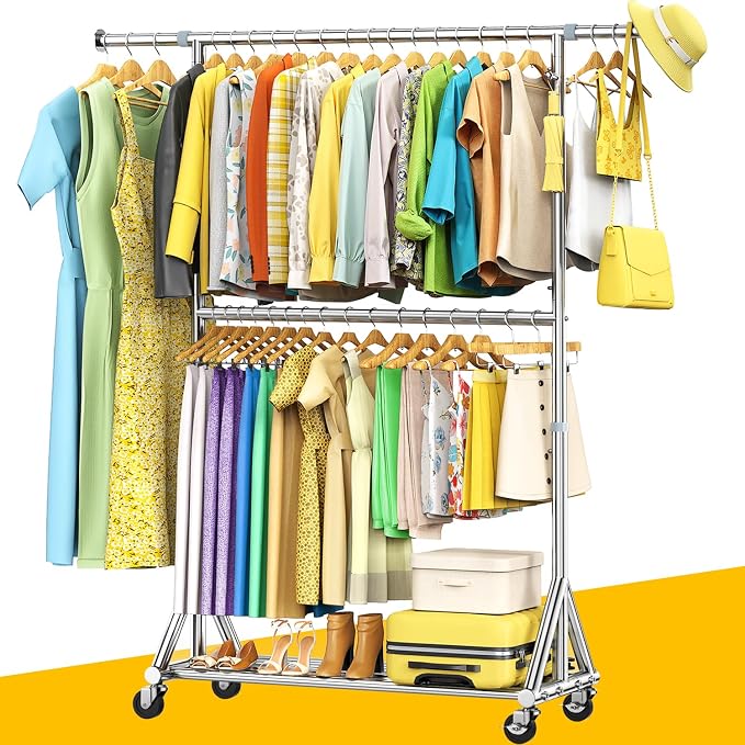 100% Stainless Steel Heavy Duty Clothes Rack Load 860 LBS, Two Tier Rolling Garment Rack with Wheels, Adjustable Double Rod Clothing Rack for Hanging Clothes, Closet Rack for Storage and Organization