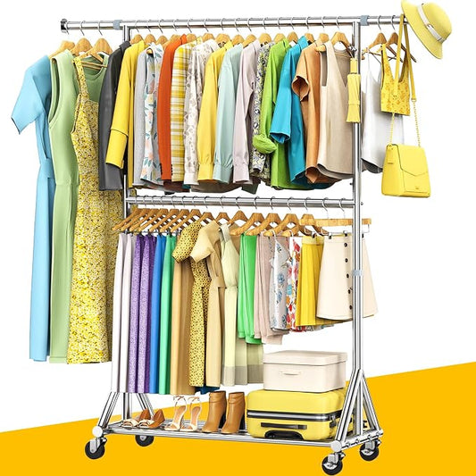 100% Stainless Steel Heavy Duty Clothes Rack Load 860 LBS, Two Tier Rolling Garment Rack with Wheels, Adjustable Double Rod Clothing Rack for Hanging Clothes, Closet Rack for Storage and Organization