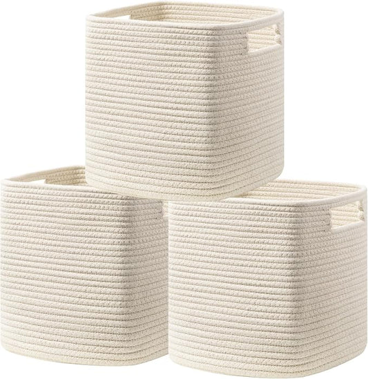 UBBCARE Set of 3 Cotton Rope Basket 11 X 10.5 X 10.5 Inches, Woven Storage Baskets for Shelves, Organizing with Handles, Cube Storage Bins for Storage Books, Magazines, Beige