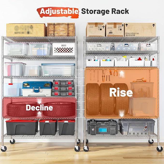 Romorgniz 6-Tier Rolling Storage Shelves with Locking Wheels, Garage Chrome | Heavy duty 6-tier wire shelving unit, 1200lbs capacity, Adjustable shelves, Rust-proof chrome, For pantry, kitchen, basement