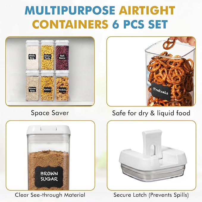 Shazo Airtight Food Storage Containers with Lids - 6 PC BPA Free Clear Plastic Cereal Containers with Easy Lock Lids for Kitchen and Pantry Organization for Snacks and Pasta - 1.2 L