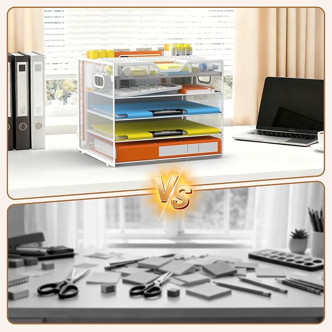 Docnest 5 Tier Desk Organizer with Hanging File Folder Holder&Tray, White | Features 3 detachable pen holders and 4 removable dividers.Versatile mesh desktop storage for mail, document,office supplie