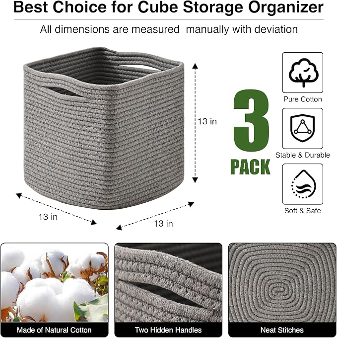 ICERZCZ 13 Inch Cube Closet Storage Bins, Woven Cotton Rope Organizer Baskets for Organizing & Shelves, Books, Towels, Clothes, Toys, 13x13x13 in, Grey (Pack of 3)