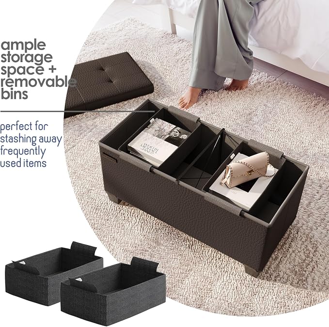Storage Ottoman Bench with Bins, 30-in Storage Bench for Bedroom End of Bed, Folding Foot Rest Ottoman for Living Room Max 660lbs, Faux Leather Ottomans, Brown