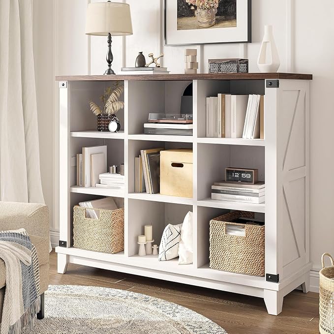 EnHomee Farmhouse 9-Cube Storage Organizer for Living Room, White | Home Organization Lovers, Wood & Metal, Holds 386 Lbs, Anti-Tip & Stabilizers