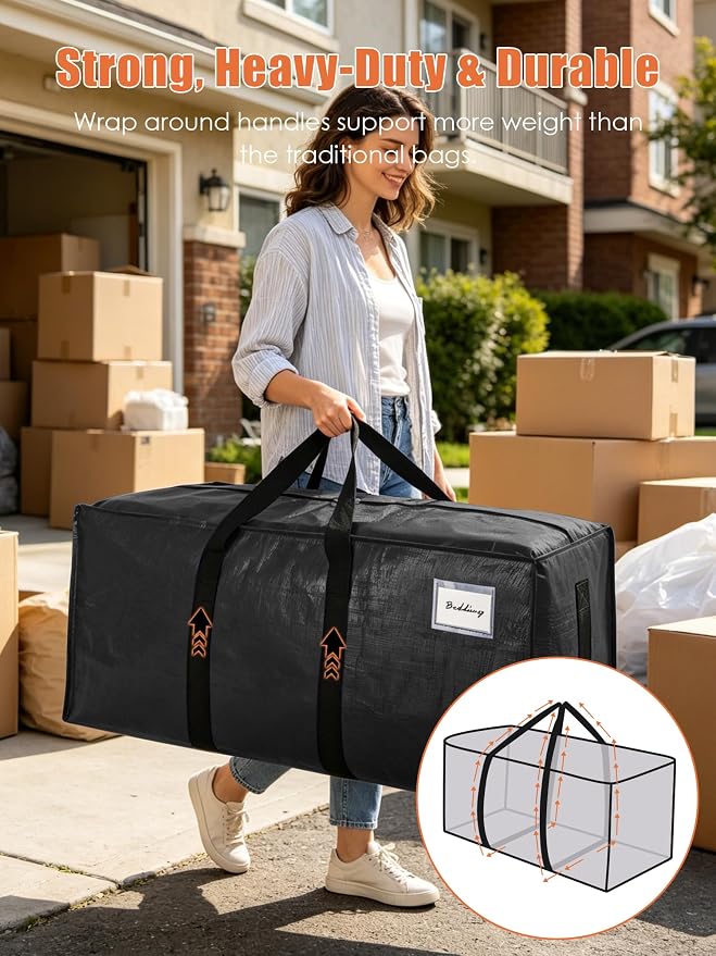 SWEET DOLPHIN 8 Pack 200LB Heavy-Duty Moving Bags with Wrap-Around Handles, Extra Large Storage Totes for Space Saving, Clothes Storage Bags, College Dorm Essentials, Black, 24 Gal