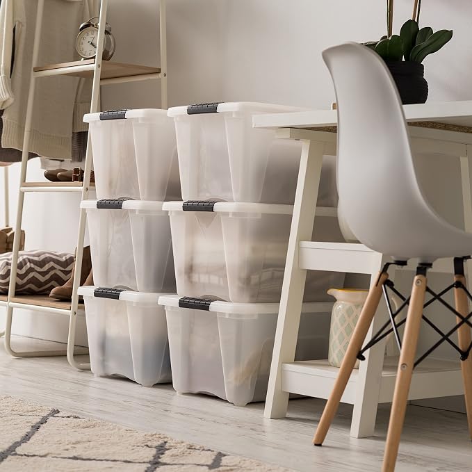IRIS USA 6-Pack 32 Quart Storage Bins with Lids, Pearl | Conceals contents for a clean look. Great for linens, décor, closet storage, and supplies. Nestable design saves space