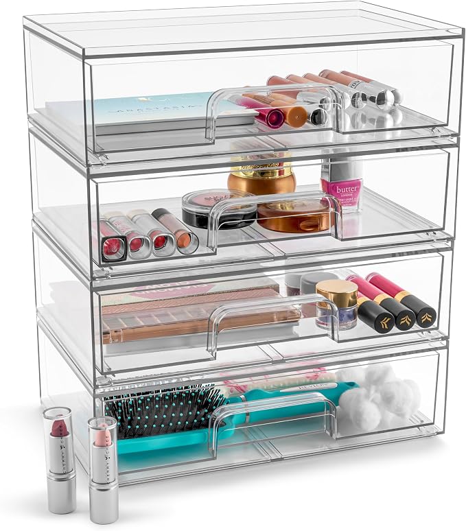 Sorbus Acrylic Storage Containers - 4 Pack, Stackable Storage Bins Set for Bathroom Organization - Clear Acrylic Drawer Organizers - Makeup Case Pull-Out Drawers (12.1’’ Wide)