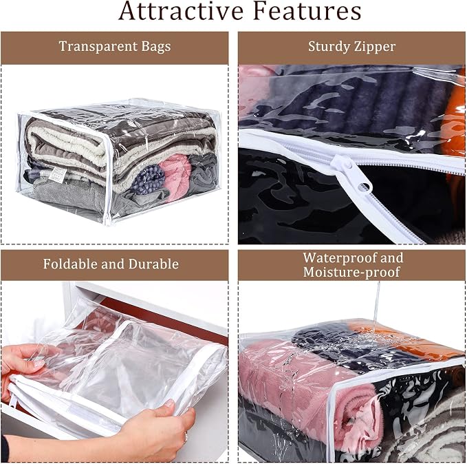 6 Packs Clear Zippered Storage Bags 18 x 15 x 9 Inch Sweater Moth Bags Vinyl Plastic Storage for Blankets Clothes Bed Sheet Organizer with Zipper for Closet Linen Sweater Clothes Comforters Pillow