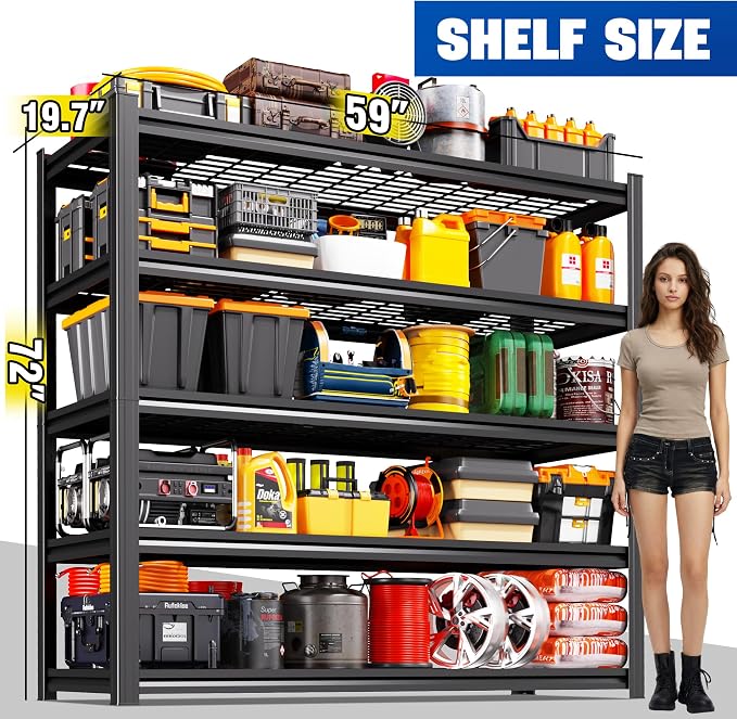 59" W Garage Shelving Heavy Duty Storage Shelves, Adjustable Metal Shelving Unit, Utility Garage Organizer Shelf for Basement, Pantry, Kitchen, Warehouse, Supermarket, 59" W x 19.7" D x 72" H