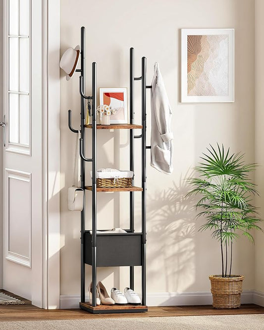 Coat Rack Freestanding, Coat Rack with 3 Shelves, 8 Hooks and 1 Fabric Pouch, Square Coat Hanger Stand, Metal Clothes Tree for Living Room, Bedroom, Entryway, Rustic Brown and Black TYM03BF