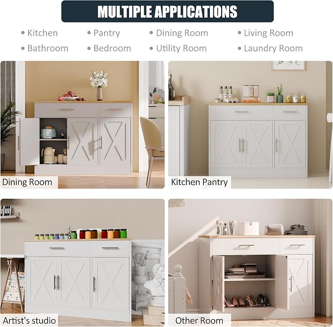 Kitchen Buffet Sideboard Cabinet with Storage, Farmhouse Kitchen Cabinet with 3 Doors and 2 Drawers, Coffee Bar Cabinet with Storage for Living Room, White