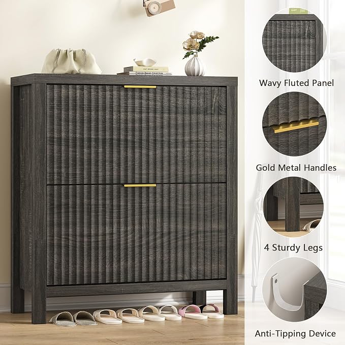 Fluted Shoe Cabinet Storage with 2 Flip Drawers for Entryway, Hallway | Narrow Shoe Rack Freestanding Shoe Organizer with Legs for Entryway，Hallway, Dark Gray