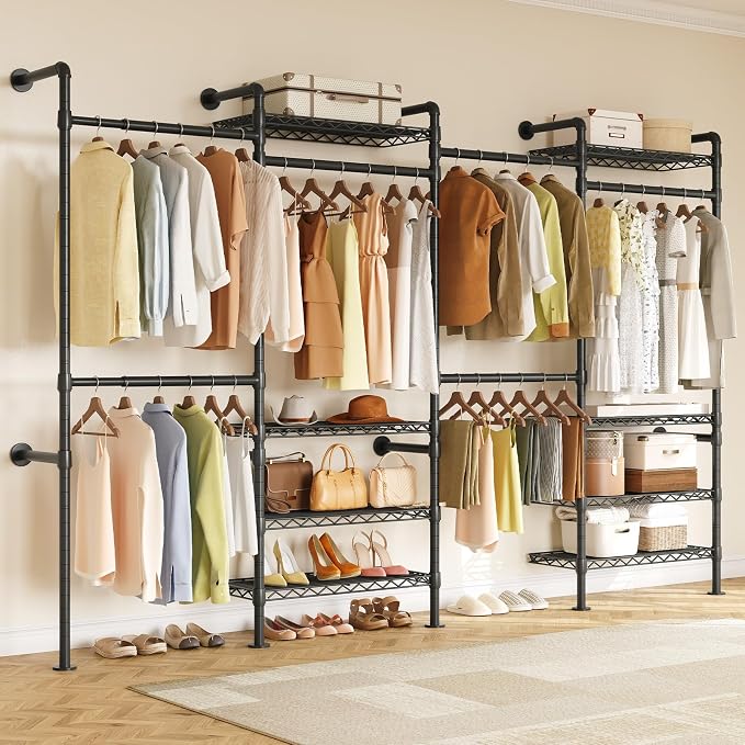 ONBRILL H4 Wall Mounted Closet System, Expandable Industrial Pipe Clothes Rack Clothing Rack for Hanging Clothes, Heavy Duty Closet Organizers and Storage in Wardrobe Closet