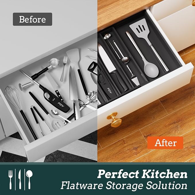 Silverware Organizer Large, Magnetic Connected Expandable 11 Slots Silverware Drawer Organizer from 21 to 37.4 Inches, Adjustable Flatware and Cutlery Holder, Bamboo Utensil Tray for Kitchen Black
