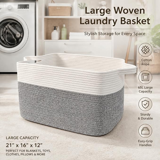 65L Collapsible Woven Rope Laundry Basket with Handles,White/Grey | 21x16x12 Foldable Rectangular Blanket Basket for Toys, Clothes & Pillows,Ideal for Nursery, Bathroom, Bedroom, Living Room