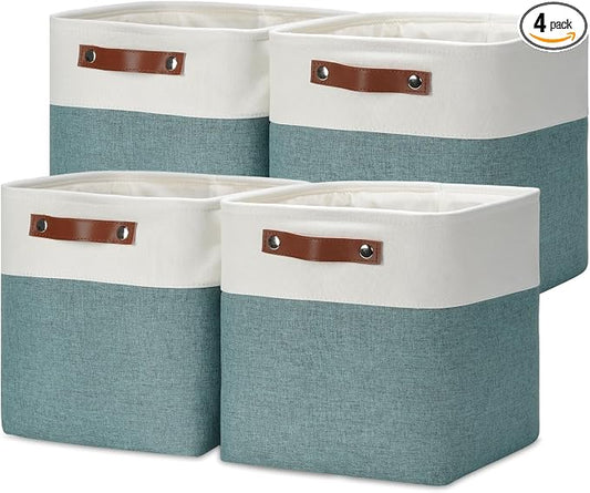 DULLEMELO 11x11 Cube Storage Bins for Organizer, Foldable Cube Storage Bins for Organizing Home Office Closet Shelves, Fabric Cube Baskets for Home Organization(4 Pack - White&Deep Green)