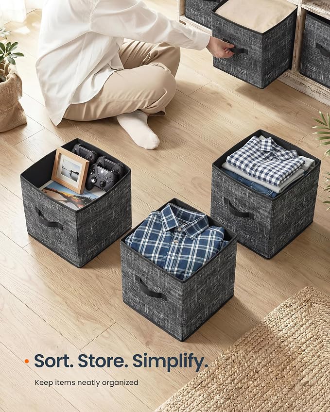 SONGMICS HOME Foldable Storage Cubes Set of 8, Fabric Shelf Organizer Bins with Handles, Closet Storage Boxes for Clothes, 10.4 x 10.4 x 11.2 Inches, Black