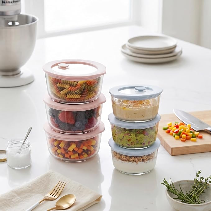 Glass Food Container Set with Glass Lid, 6 Pack, Meal Prep Containers with Silicone Framed Airtight Lid, Leakproof, 100% Plastic Free,