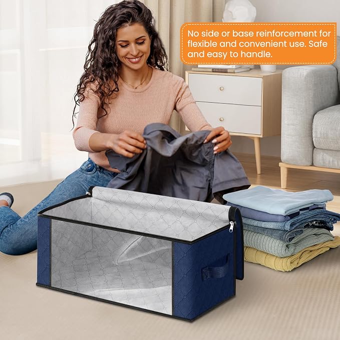 Fab totes 35L Closet Organizers and Storage, Foldable Under Bed Storage Containers, Storage bags for Organizing Bedroom, Closet, Clothing,Organization with Handle (3 Pack,Blue)