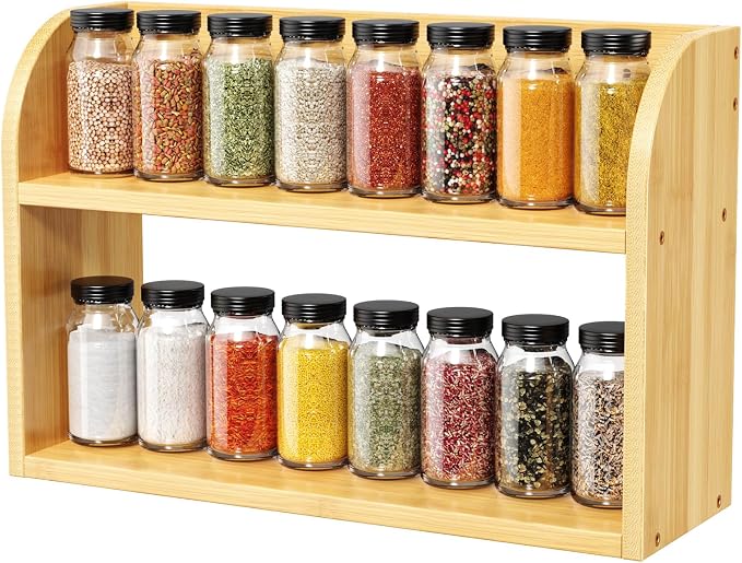 ROMGUAR CRAFT 2 Tier Bamboo Spice Rack, Countertop or Wall Mounting Wood Spice Jars Organizer Shelf for Kitche, Pantry (Natural)