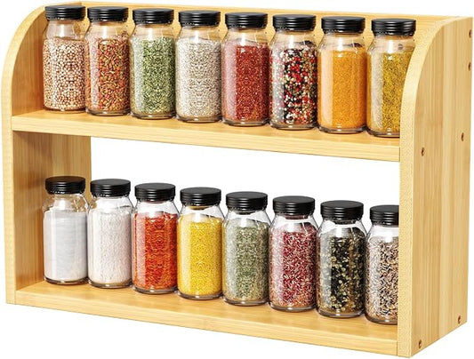 ROMGUAR CRAFT 2 Tier Bamboo Spice Rack, Countertop or Wall Mounting Wood Spice Jars Organizer Shelf for Kitche, Pantry (Natural)
