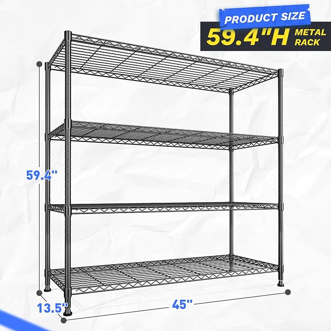 2 Set of 45 "W Metal Shelving Unit 4 Tier Storage Shelves Adjustable Wire Shelving Metal Shelf Pantry Shelves Wire Rack Commercial Shelving for Kitchen Pantry Garage 45 "W x 59.4 "Hx 13.5" D Black