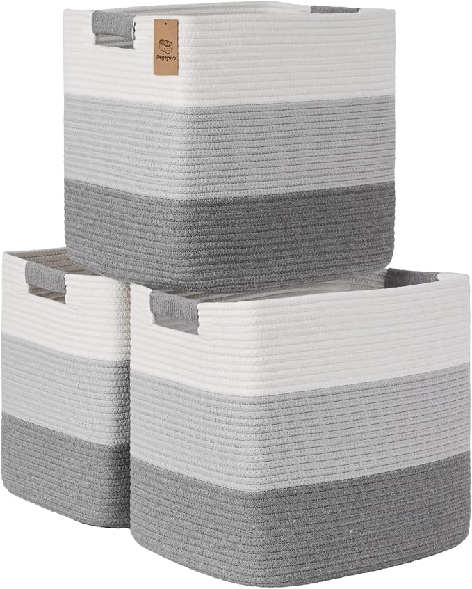 15×13 Inch Storage Cubes, 3 Pack Cube Storage Bins for Organizing, Cotton Rope Woven Baskets for Shelves, Bathroom, Kids Room, Closets, Baby Nursery
