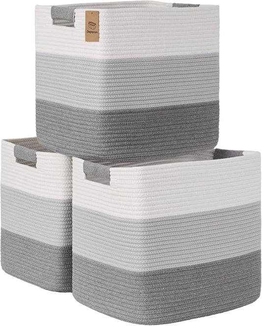 15×13 Inch Storage Cubes, 3 Pack Cube Storage Bins for Organizing, Cotton Rope Woven Baskets for Shelves, Bathroom, Kids Room, Closets, Baby Nursery
