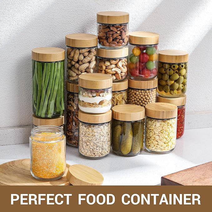 NETANY 4-pack 8oz Glass jars with Airtight Lids, Overnight Oats Containers with Bamboo Lids, Wide mouth Mason Salad jars, Glass Food Storage Containers for Snacks Yogurt Spice Sugar
