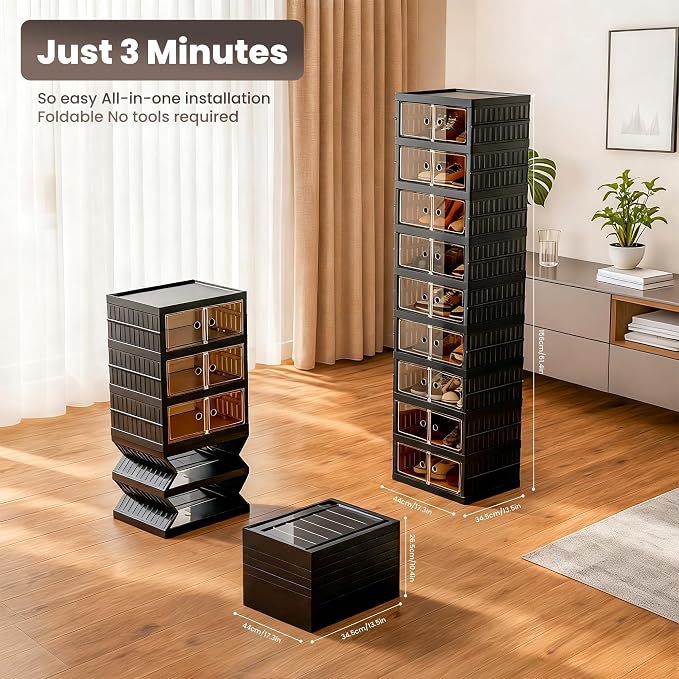 Foldable Shoe Organizer Storage Box Set of 4, Portable Extra Large Folding Shoe Rack for Closet, Shoe Storage Box with Magnetic Transparent Door and Wheels, 9 Layers 18 Grids