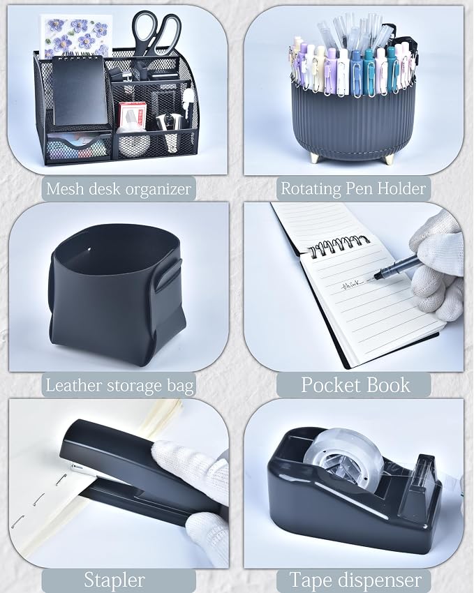 Black Desk Accessories and Organizers with Desk Organizer and 360°Rotating Pen Holder stapler Pen and a Lot of Office Black Office Supplies Beautifully Presented in a Gift Box