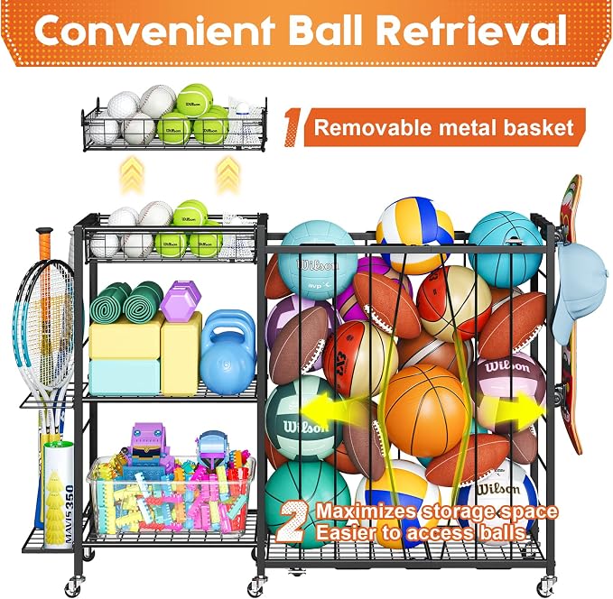 Ball Storage with Elastic Rope for Sports and Outdoors, Garage Organization with Wheels for Sports Gear and Toys, Large-Capacity Sports Equipment Organizer with Baseball Bat Holder and Basketball Rack
