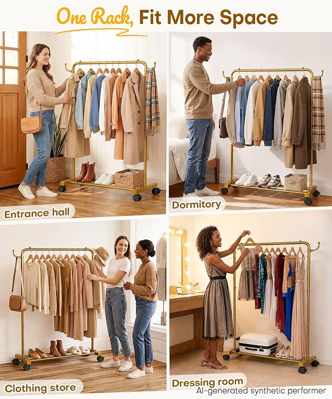 Homde Portable Clothes Rack for Bedroom: 4 Lockable Wheel Move Room-to-Room | Laundry to Closet in 1 Smooth Roll - No Heavy Lifting for Renters & Movers - 88 lbs Hanging Rod for Garment Coat to T-Shirt