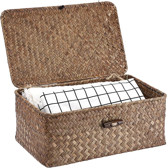 Hipiwe Wicker Shelf Baskets Bin with Lid Small Handwoven Storage Basket Box | Natural Seagrass Basket Bins Rectangular Household Basket Boxes for Shelf Wardrobe Home Organizer, Coffee