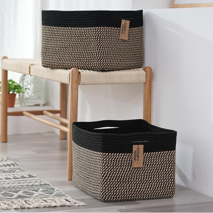 COMFY-HOMI Cotton Rope Woven Basket with Handles for Shelves,Toys,Book, Cloth Storage Baskets Bin for Organizing- 1 PCSToy Decorative Organizer for Living Room, Bathroom