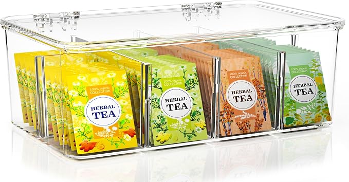 Utopia Home Tea Bag Organizer with Lids, Stackable Tea Box, 1 Pack, Clear | Partition Organizers with Lids For Drawers, Countertops, Fridge, Kitchen, Snack & Spice Organization